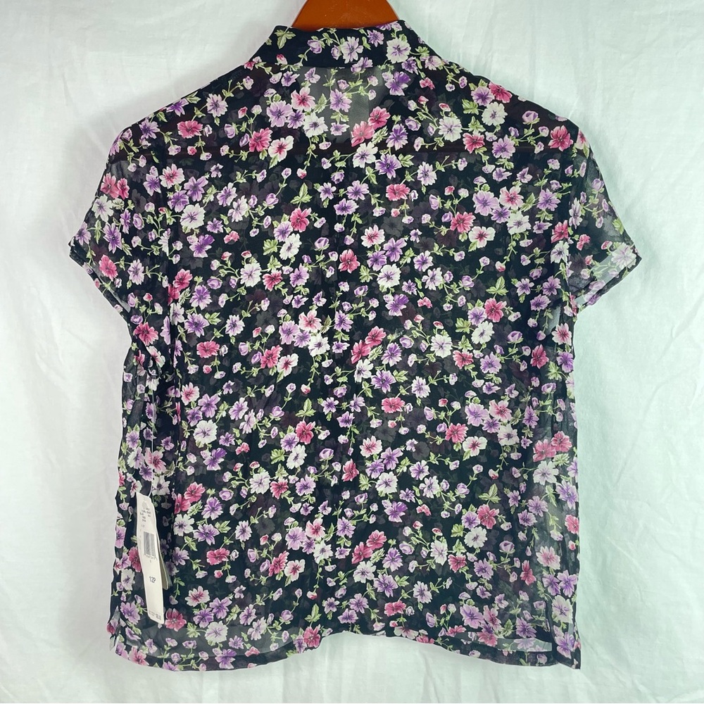 NWT JONES NY Sport Womens Sheer Floral Blouse Top Sz 12P Black Career 100% SILK - Picture 2 of 9